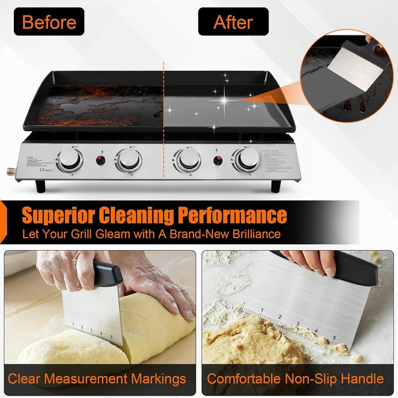 HANWRAPS Grill Scraper&Bench Scraper Set，Food Scraper with Handle for Blackstone, Flat Top Grill Cleaning，Premium Stainless Steel Dough Cutter with Measuring Scale for Pastry,Cake,Pizza,Bread,Cooking - Image 4